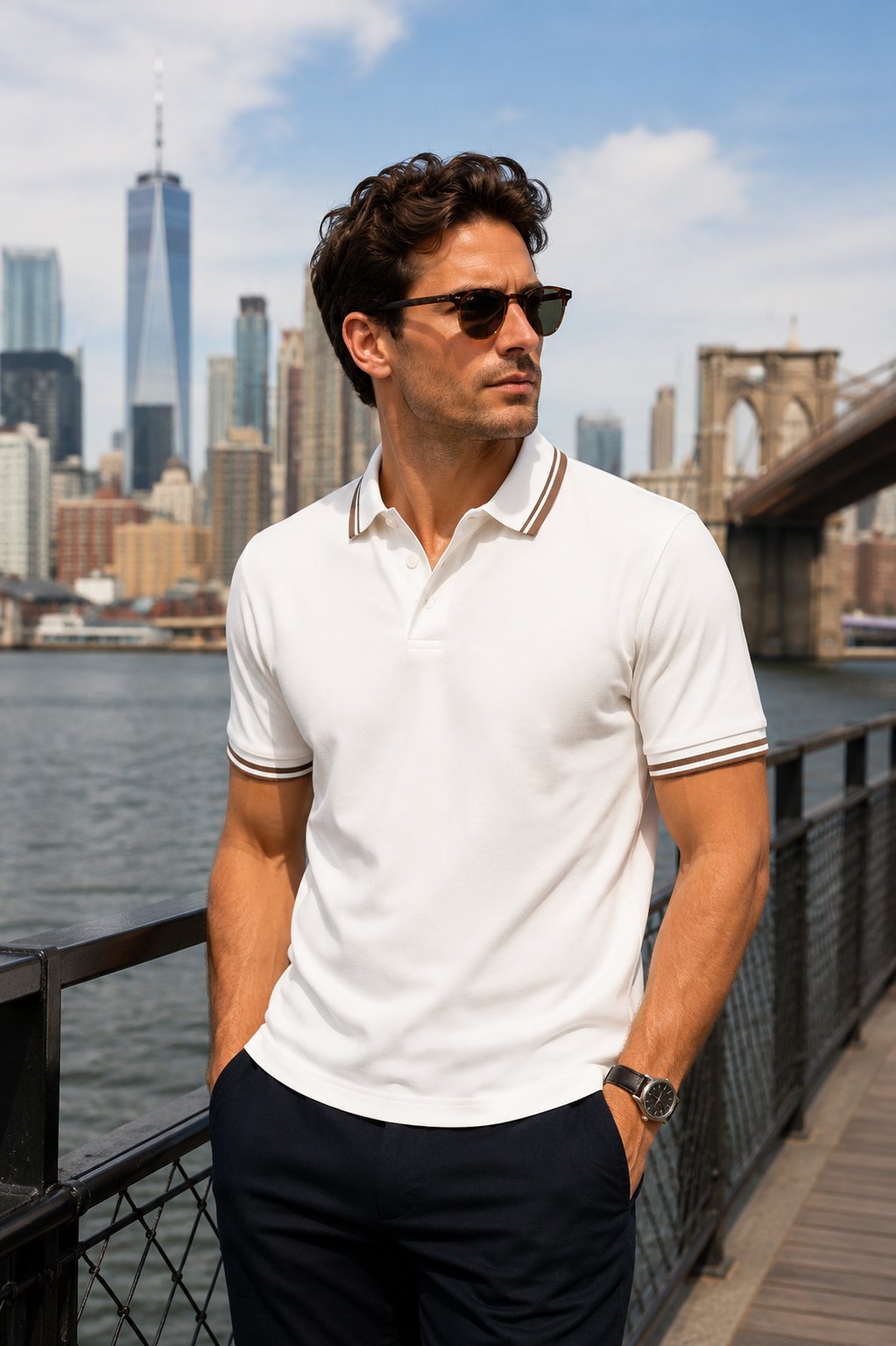 Ray Maison white polo New York waterfront edit